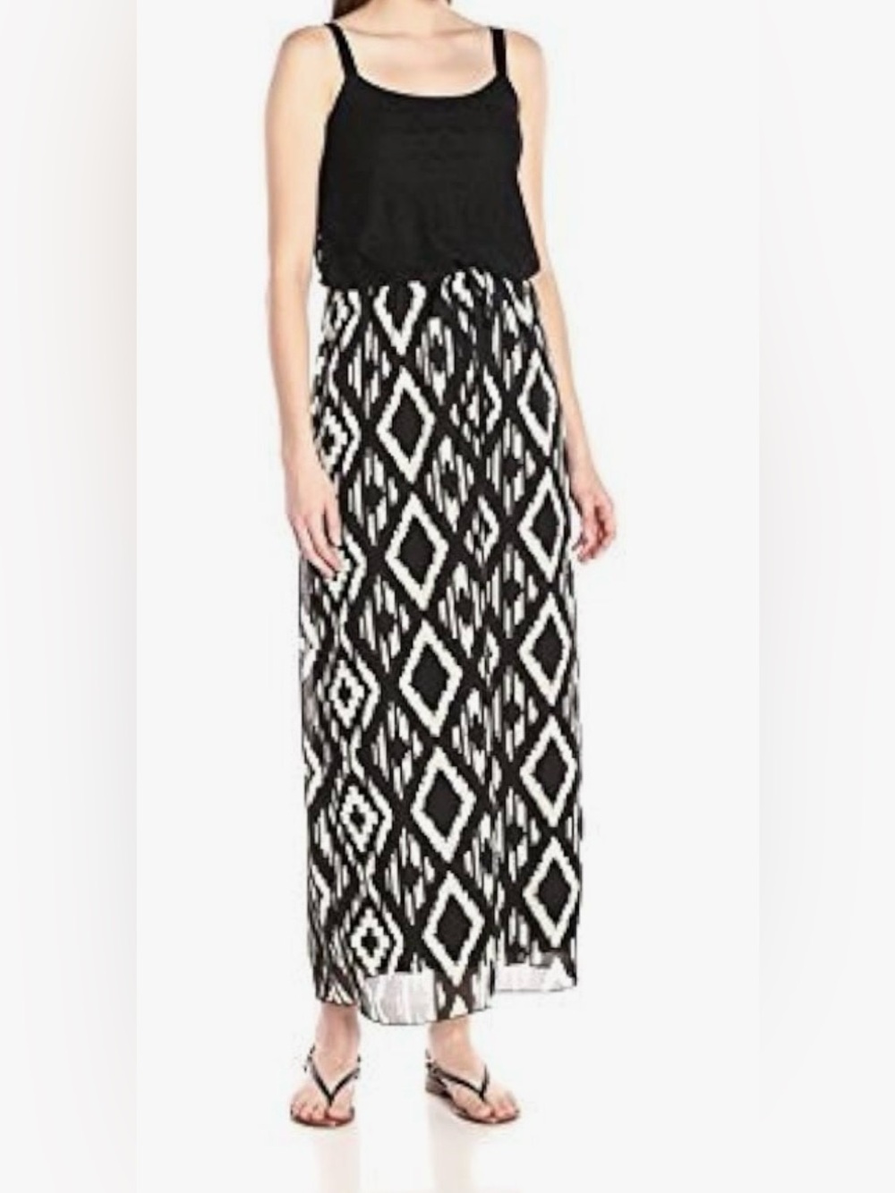 Black and Tan Patterned Maxi Dress with Lace Bodice